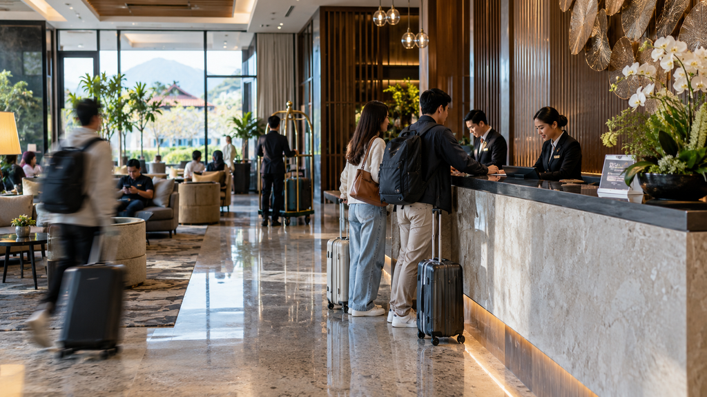 Kesibukan lobi akomodasi hotel di destinasi wisata Malang pada musim liburan.