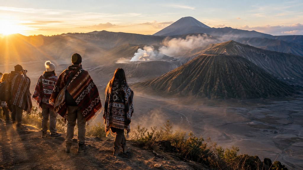 Landskap matahari terbit lautan pasir Bromo yang menjadi magnet utama destinasi wisata Malang.