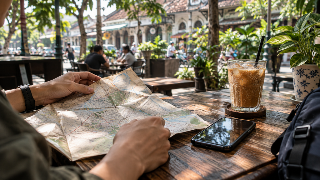 Wisatawan merencanakan rute eksplorasi destinasi wisata Malang di kafe terbuka.