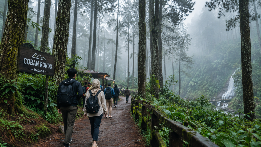 Wisatawan menikmati suasana udara sejuk dan hutan pinus di destinasi wisata Malang.