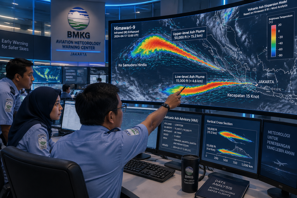Analis BMKG memantau citra satelit Himawari-9 sebaran abu vulkanik Gunung Anak Krakatau pada lapisan atmosfer.