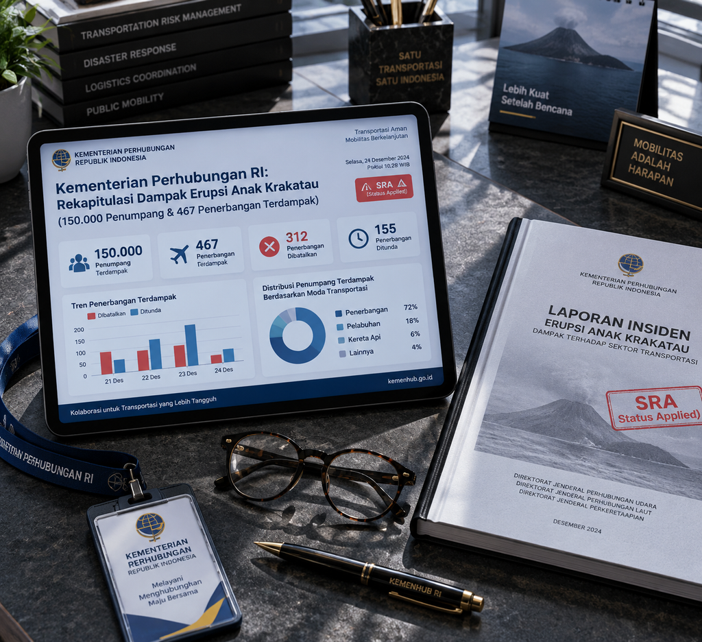 Tablet menampilkan data rekapitulasi 150 ribu penumpang dan 467 penerbangan terdampak penutupan bandara.