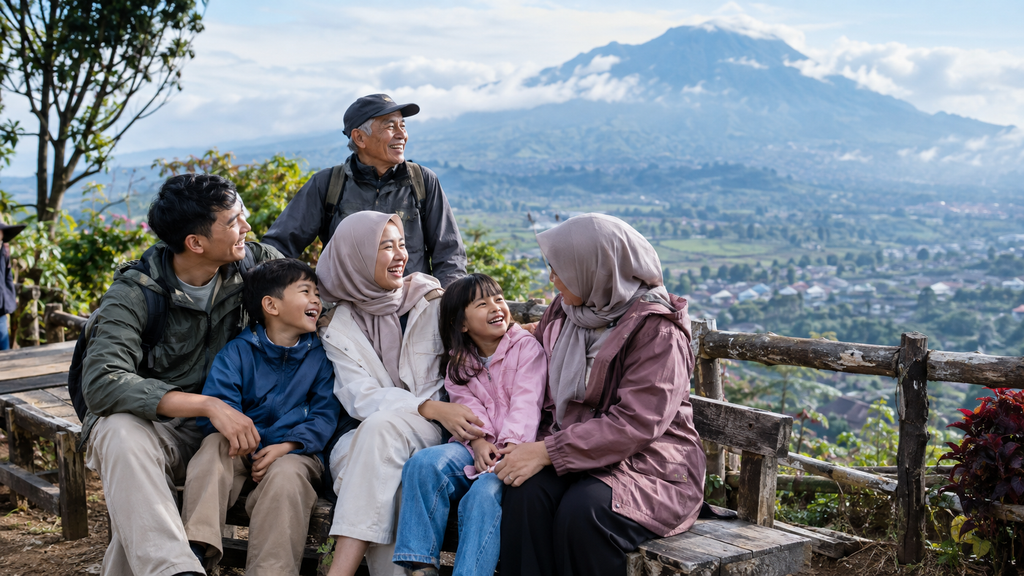 Wisatawan keluarga menikmati pemandangan alam perbukitan terbuka di destinasi wisata Malang.