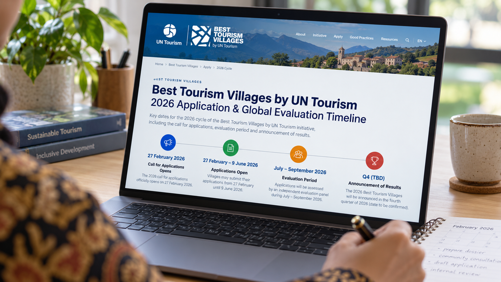 Layar laptop menampilkan jadwal pendaftaran dan seleksi global UN Tourism Best Tourism Villages edisi 2026.