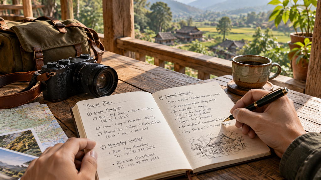 Traveler menyusun buku catatan rencana perjalanan, reservasi homestay, dan peta rute transportasi desa wisata.