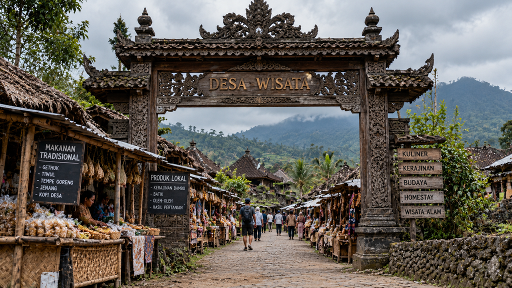 BPOM dan Kemenpar Padukan Desa Pangan Aman dengan Desa Wisata 2026 1 Pemandangan gapura masuk sebuah desa wisata yang asri dengan deretan warung kuliner lokal yang tertata rapi di pinggir jalan.