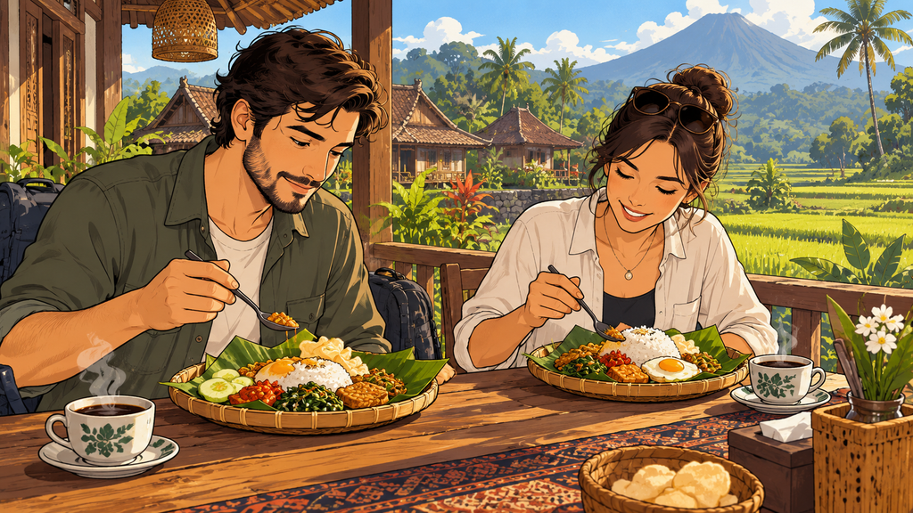 BPOM dan Kemenpar Padukan Desa Pangan Aman dengan Desa Wisata 2026 2 Sepasang wisatawan menikmati sarapan dengan menu tradisional yang disajikan secara higienis di meja kayu sebuah homestay desa.