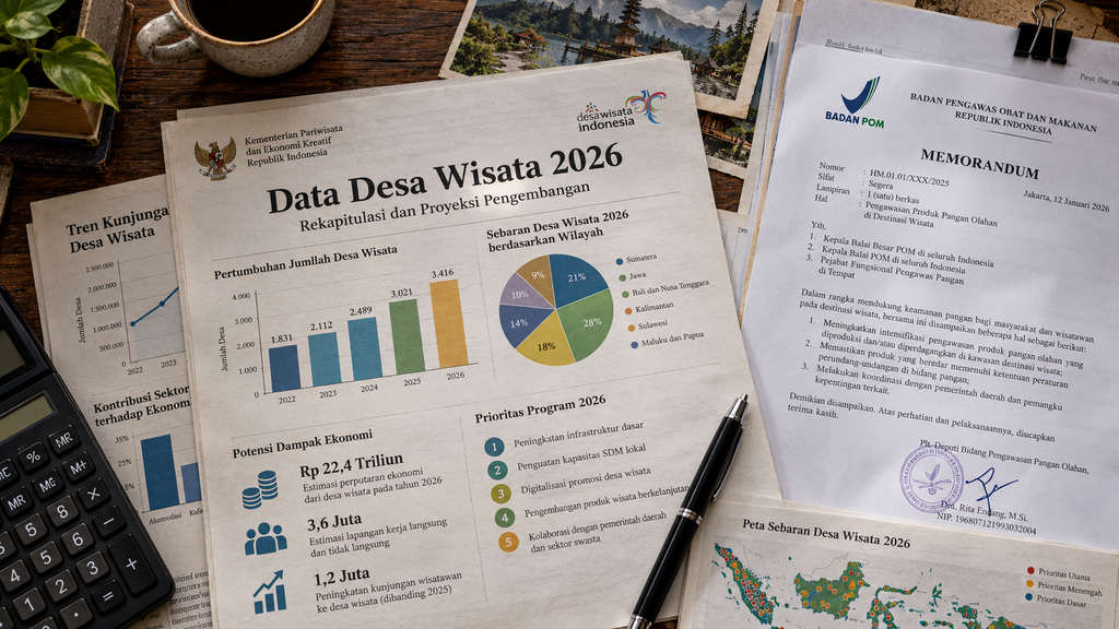 BPOM dan Kemenpar Padukan Desa Pangan Aman dengan Desa Wisata 2026 3 Tumpukan dokumen laporan statistik jumlah desa wisata dan anggaran program keamanan pangan di atas meja kerja.