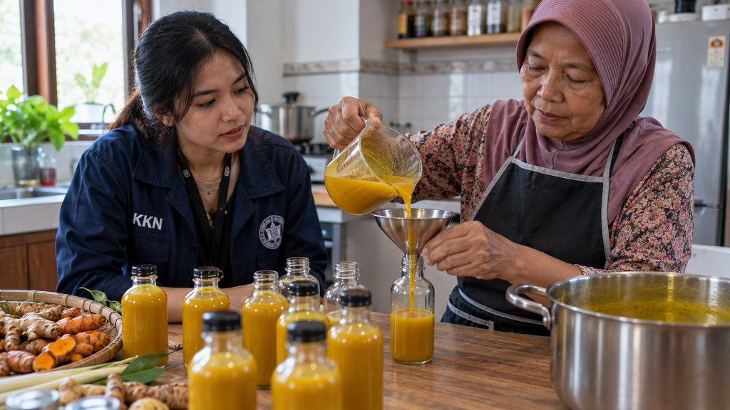 BPOM dan Kemenpar Padukan Desa Pangan Aman dengan Desa Wisata 2026 4 Seorang mahasiswa KKN mengenakan jaket almamater mendampingi perajin jamu lokal mengemas produk ke dalam botol kaca higienis.