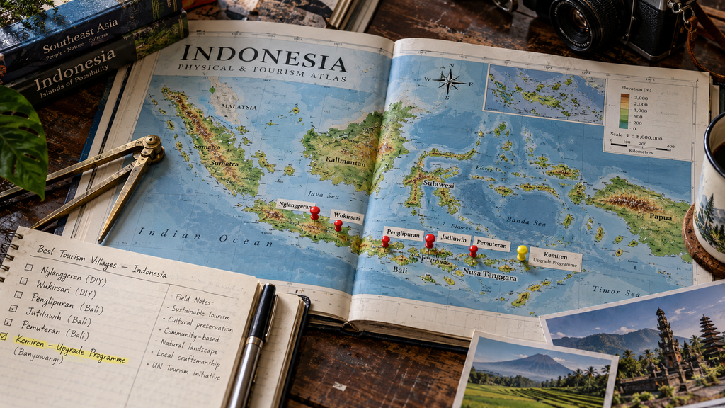 Peta kartografi Indonesia dengan penanda lima desa wisata peraih gelar Best Tourism Village di Yogyakarta dan Bali.
