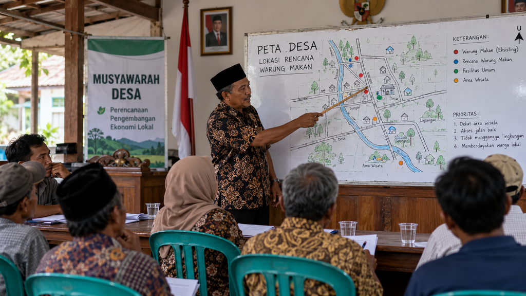 BPOM dan Kemenpar Padukan Desa Pangan Aman dengan Desa Wisata 2026 6 Kepala desa memimpin rapat balai warga, menunjuk peta desa buatan tangan untuk memetakan lokasi warung dan usaha kuliner lokal.