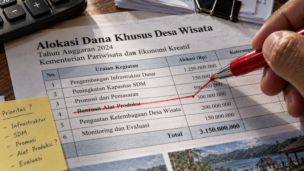 BPOM dan Kemenpar Padukan Desa Pangan Aman dengan Desa Wisata 2026 7 Tampilan jarak dekat dokumen draf anggaran pengembangan desa wisata yang beberapa poinnya dicoret dengan pena merah akibat efisiensi dana.