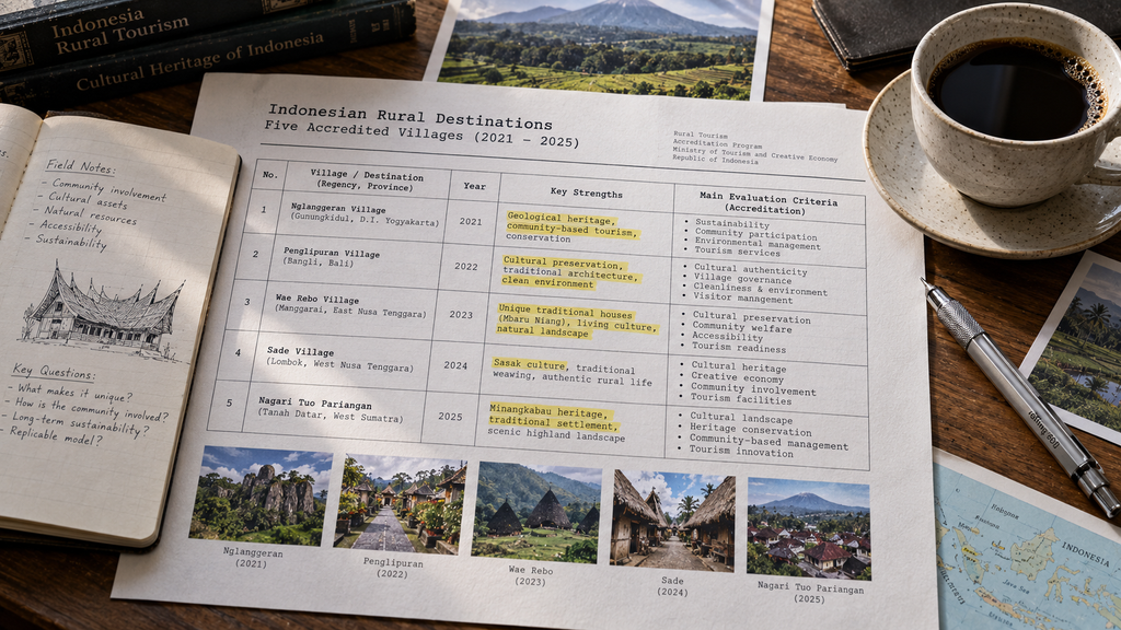 Lembar data rekapitulasi lima desa wisata peraih gelar Best Tourism Village lengkap dengan tahun dan karakteristiknya di meja riset.