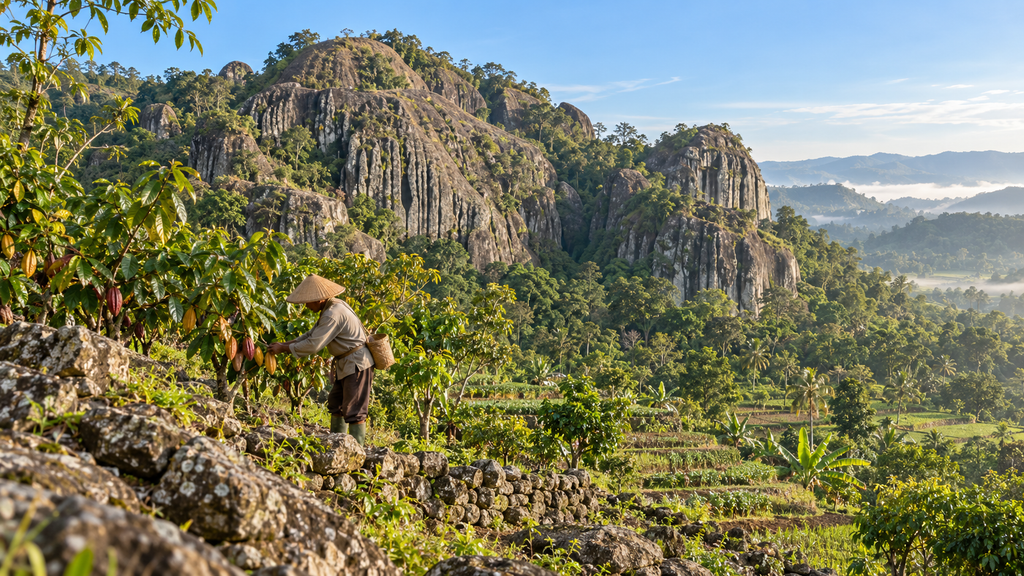 Lanskap bebatuan hitam raksasa Gunung Api Purba Nglanggeran di Gunungkidul Yogyakarta dengan latar ladang hijau warga.
