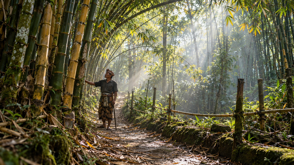 Jalur setapak di dalam hutan bambu lestari seluas 45 hektare milik Desa Adat Penglipuran yang dijaga secara turun-temurun.