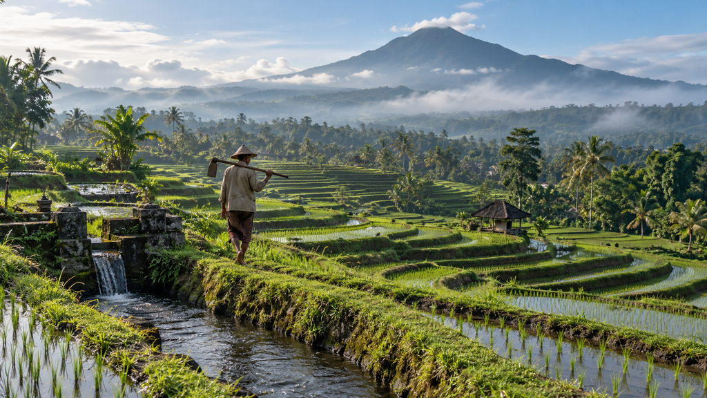 Hamparan hijau terasering sawah subak Jatiluwih di kaki Gunung Batukaru Bali dengan saluran irigasi tradisional.