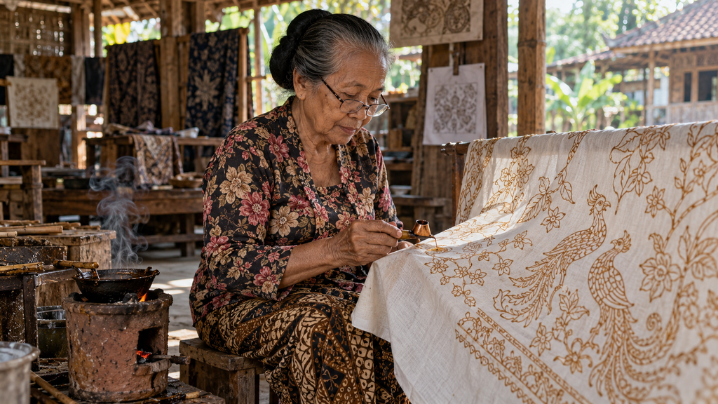 Pengrajin perempuan membatik kain menggunakan canting dan malam panas di pendopo Kampung Batik Giriloyo Wukirsari Bantul.