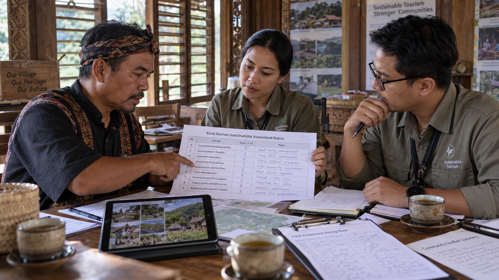 Tim penilai memeriksa instrumen sembilan area evaluasi keberlanjutan desa wisata di balai desa.